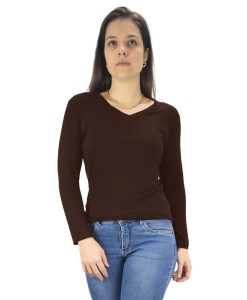 Blusa Feminina Longa Gola V Segunda Pele Básica Tshirt Marrom